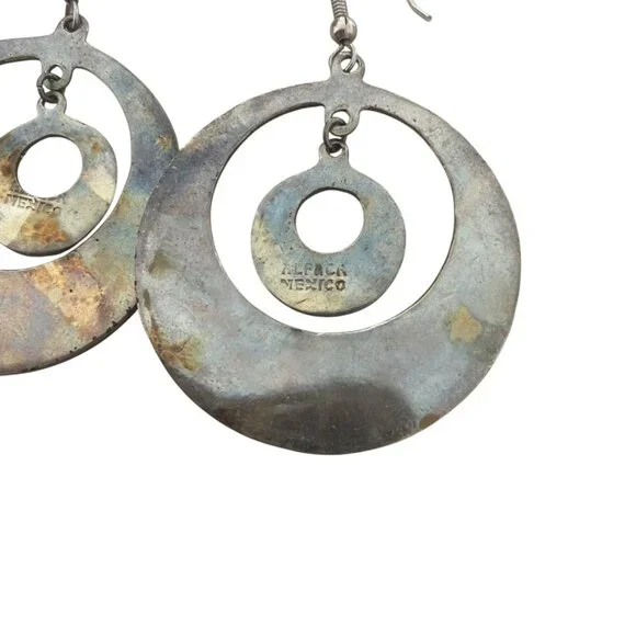 Taxco Alpaca Drop earrings Enamel Abalone chips Round geometric Mexico  VTG - Picture 6 of 6